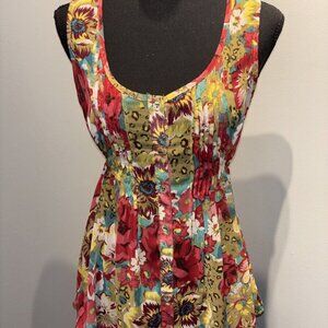 American Rag Top Red Floral Print Sleeveless Pleated Waist Tie Shear‎ Babydoll S